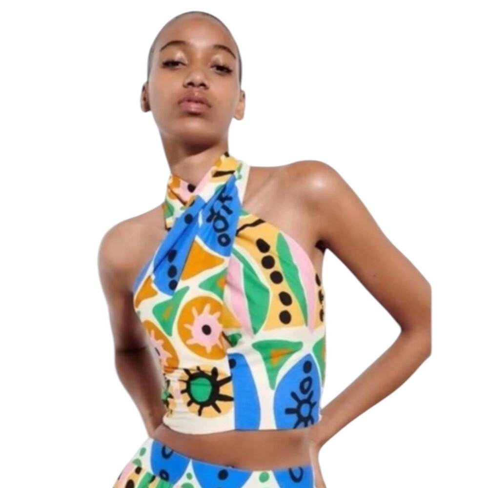ZARA Women's Printed Blue Yellow Summer Ruched Halter Crop Top Size XL
